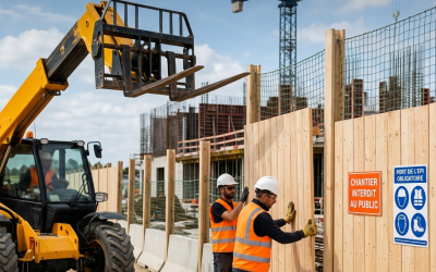 Palissade bois de chantier : sécurité, installation avec élévateur.