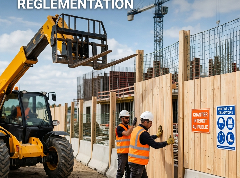 Palissade bois de chantier : sécurité, installation avec élévateur.